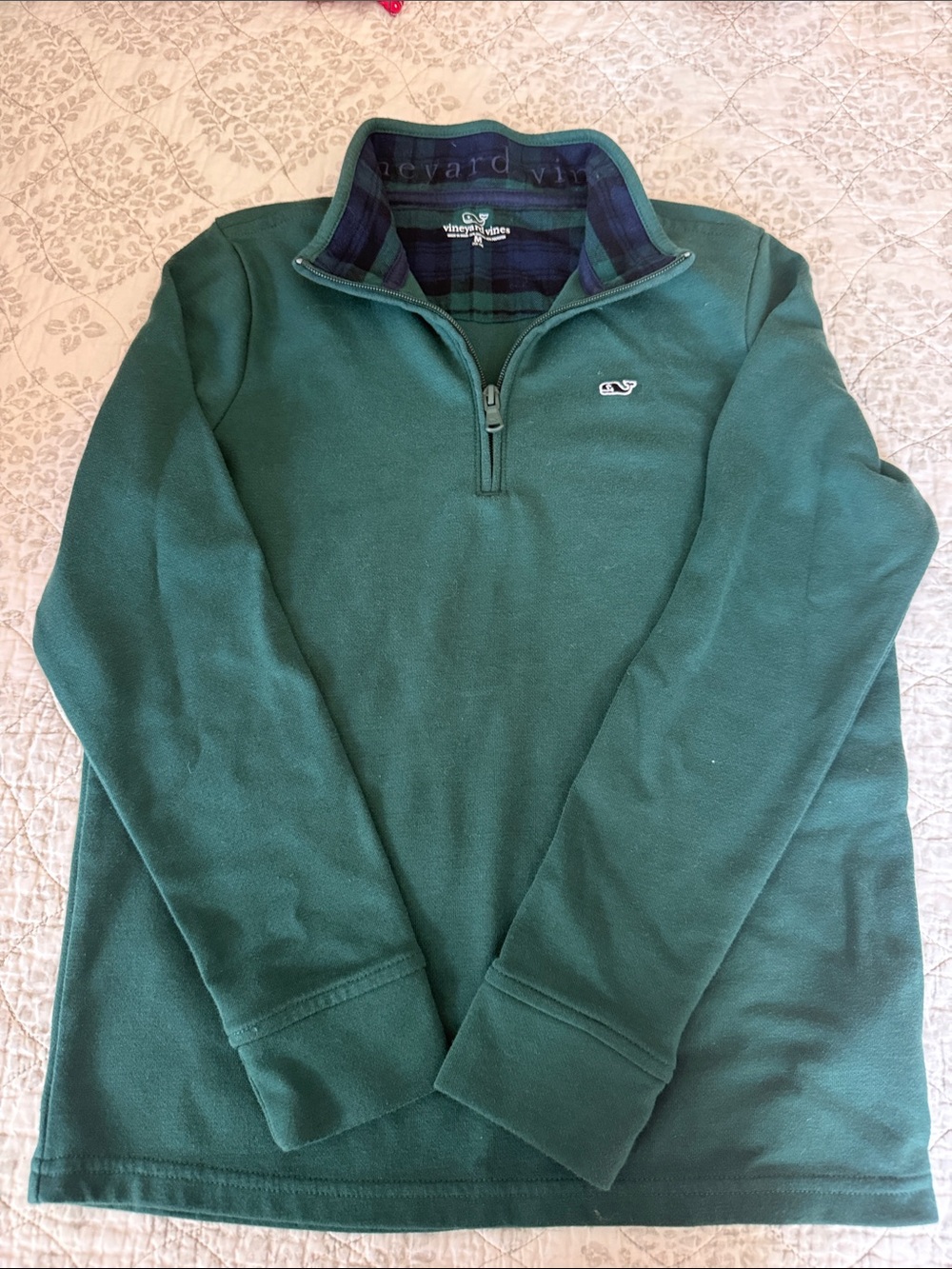 Vineyard Vines Men’s Dark Green Half-Zip Pullover with Plaid Collar